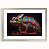 Framed wall art featuring a vibrant chameleon design in a silver frame, showcasing intricate details and colorful patterns, perfect for reptile enthusiasts.