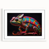 Chameleon wall art print framed in white, showcasing vibrant colors and intricate details, perfect for reptile lovers and modern home decor.