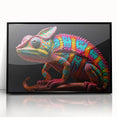 Framed acrylic wall art featuring a vibrant chameleon design in shades of green and blue, set against a sleek black frame, ideal for animal lovers and modern decor.