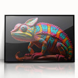 Framed acrylic wall art featuring a vibrant chameleon design in shades of green and blue, set against a sleek black frame, ideal for animal lovers and modern decor.