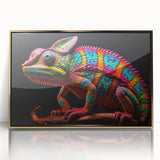 Framed wall art featuring a vibrant chameleon design in shades of green and gold, showcased in an elegant acrylic frame, perfect for reptile enthusiasts and modern decor.