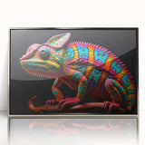 Framed acrylic wall art showcasing a vibrant chameleon design with intricate details and a sleek silver frame, perfect for enhancing modern decor.