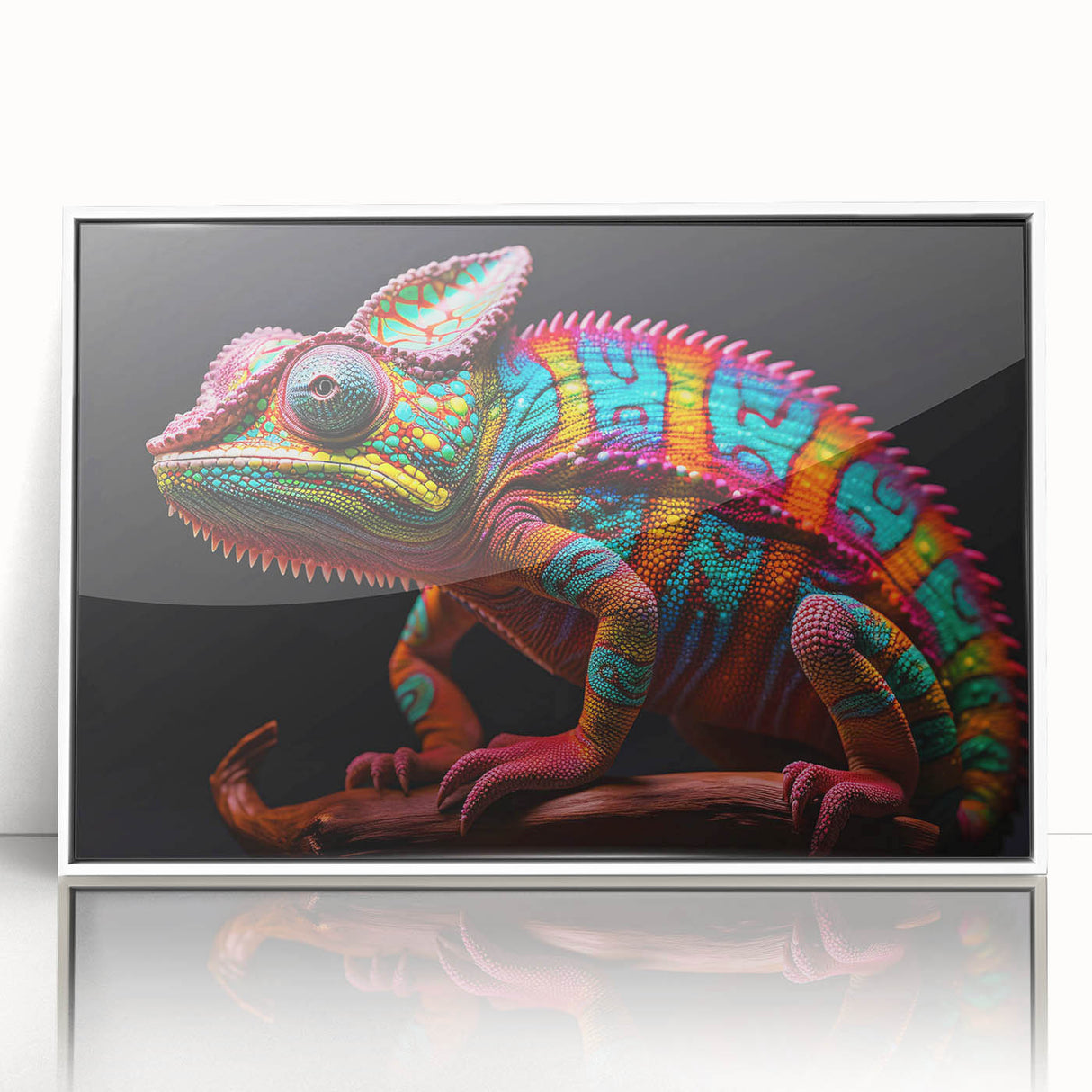 Framed wall art featuring a vibrant chameleon design, showcasing vivid colors and intricate details. Ideal for reptile lovers and modern decor enthusiasts.