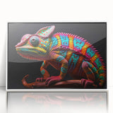 Framed wall art featuring a vibrant chameleon design, showcasing vivid colors and intricate details. Ideal for reptile lovers and modern decor enthusiasts.