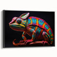 Framed wall art featuring a vibrant chameleon design on canvas, showcasing intricate details and colors, set against a black background, ideal for reptile enthusiasts.