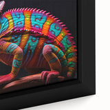 Close-up of a vibrant chameleon wall art design on framed canvas, showcasing intricate details and bold colors, perfect for reptile enthusiasts and home decor.