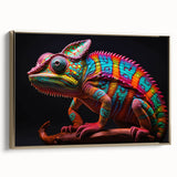 Framed wall art featuring a vibrant chameleon design with gold accents, showcasing intricate details and color variations against a neutral backdrop, ideal for reptile enthusiasts.