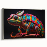Framed wall art showcasing a vibrant chameleon design on a textured canvas, highlighted with silver accents, perfect for reptile enthusiasts and home decor.