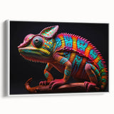 Framed wall art showcasing a vibrant chameleon design on a white background, perfect for reptile enthusiasts and modern decor. Ideal for living spaces.