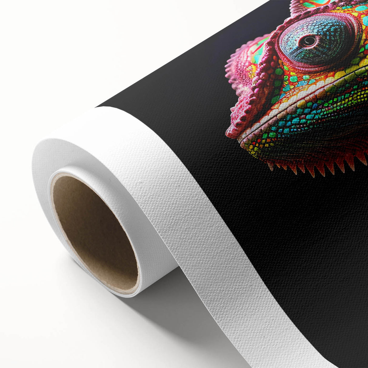 Vibrant chameleon illustration on rolled canvas, showcasing intricate details and vivid colors, perfect for reptile enthusiasts and modern decor.