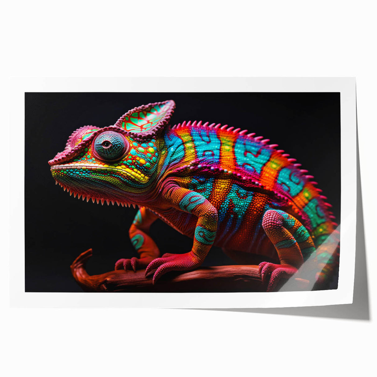 Vibrant chameleon-themed wall art print showcasing intricate details and bold colors, perfect for enhancing home decor, available as a rolled canvas for easy framing.