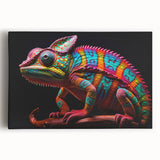 Colorful chameleon wall art design on stretched canvas, showcasing vibrant greens, blues, and yellows, perfect for reptile lovers and home decor enthusiasts.