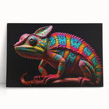 Vibrant chameleon design on stretched canvas wall art, showcasing intricate colors and textures, perfect for reptile enthusiasts and modern decor.