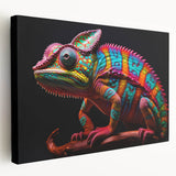 Vibrant chameleon-themed wall art on stretched canvas, showcasing intricate details and bright colors, ideal for reptile enthusiasts and modern decor.