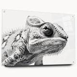 Vibrant chameleon wall art design displayed in a side view, featuring striking colors and intricate details, mounted with pins for an eye-catching presentation.