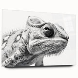 Vibrant chameleon wall art design displayed on acrylic glass, showcasing a side view with intricate colors and details, perfect for reptile enthusiasts and home decor.