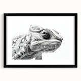 Chameleon-themed wall art featuring a vibrant design with intricate details, framed in black with a mat for a modern aesthetic, perfect for reptile lovers.