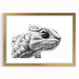 Charming chameleon wall art design framed in gold, showcasing vibrant colors and intricate details, perfect for enhancing home decor with a nature-inspired theme.