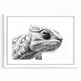 Chameleon-themed wall art design framed in white, showcasing vibrant colors and intricate details, perfect for reptile and nature enthusiasts' decor.