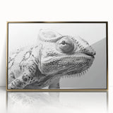 Framed acrylic wall art featuring a vibrant chameleon design with gold accents, ideal for reptile enthusiasts and modern decor, showcasing detailed colors and textures.