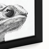 Close-up of a vibrant chameleon design on a framed canvas wall art piece, showcasing intricate details and rich colors, perfect for reptile enthusiasts and home decor.