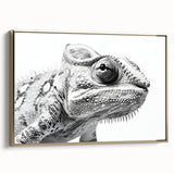 Framed wall art featuring a vibrant chameleon design in gold tones, showcasing intricate details and a side view perspective, perfect for reptile enthusiasts and modern decor. The canvas adds a unique touch to any room, enhancing artistic flair.