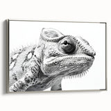 Framed wall art featuring a vibrant chameleon design on canvas, showcasing intricate details in green and blue hues, perfect for reptile enthusiasts and home decor.