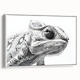 Framed wall art featuring a vibrant chameleon design on a white background, showcasing intricate details and textures, perfect for reptile enthusiasts and modern decor.