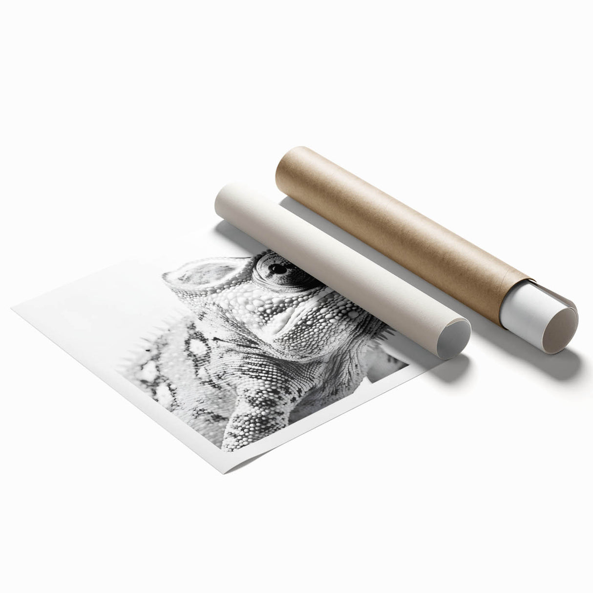 Vibrant chameleon wall art print featuring intricate design details, showcasing bright greens and blues, rolled and packaged securely in a protective tube.