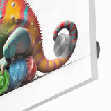 Close-up of a vibrant chameleon design wall art piece, showcasing detailed acrylic glass textures and vivid colors, perfect for reptile enthusiasts and modern decor.