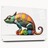 Vibrant chameleon wall art design displayed in a sleek acrylic frame, showcasing detailed colors and textures, perfect for enhancing any modern home decor setup.