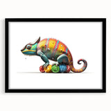 Charming black-framed wall art showcasing a vibrant chameleon design, perfect for reptile enthusiasts and nature lovers, enhancing any modern décor.