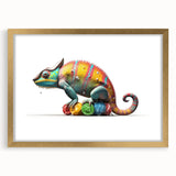 Chameleon wall art design in a gold frame with a mat, showcasing vibrant colors and intricate details, perfect for enhancing modern home decor.