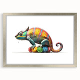 Chameleon-themed wall art design in a silver frame with mat, showcasing vibrant colors and intricate details, perfect for reptile enthusiasts and home decor.