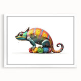 Chameleon-themed wall art in a sleek white frame with a mat, showcasing vibrant colors and intricate details, perfect for reptile enthusiasts and modern decor.