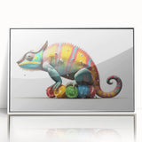 Framed wall art featuring a vibrant chameleon design with intricate details, set against a white background, perfect for reptile enthusiasts and modern decor.