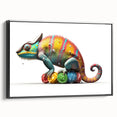 Framed wall art featuring a vibrant chameleon design with intricate details, set against a sleek black background, perfect for reptile enthusiasts and modern decor.