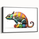 Framed wall art featuring a vibrant chameleon design with intricate details, set against a sleek black background, perfect for reptile enthusiasts and modern decor.
