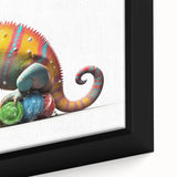 Close-up of a vibrant chameleon wall art design printed on framed canvas, showcasing intricate details and vivid colors, perfect for enhancing home decor.