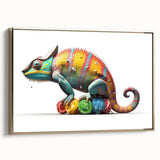 Framed wall art showcasing a vibrant chameleon design with gold accents, set against a textured background, perfect for adding a unique touch to home decor.