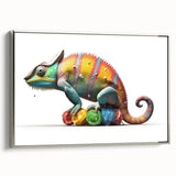 Framed wall art showcasing a vibrant chameleon design in a sleek silver frame, adding a modern touch to home decor with its colorful details and artistic flair.