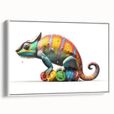 Framed wall art showcasing a vibrant chameleon design against a white background, ideal for reptile enthusiasts and modern decor. Perfect for brightening any space.