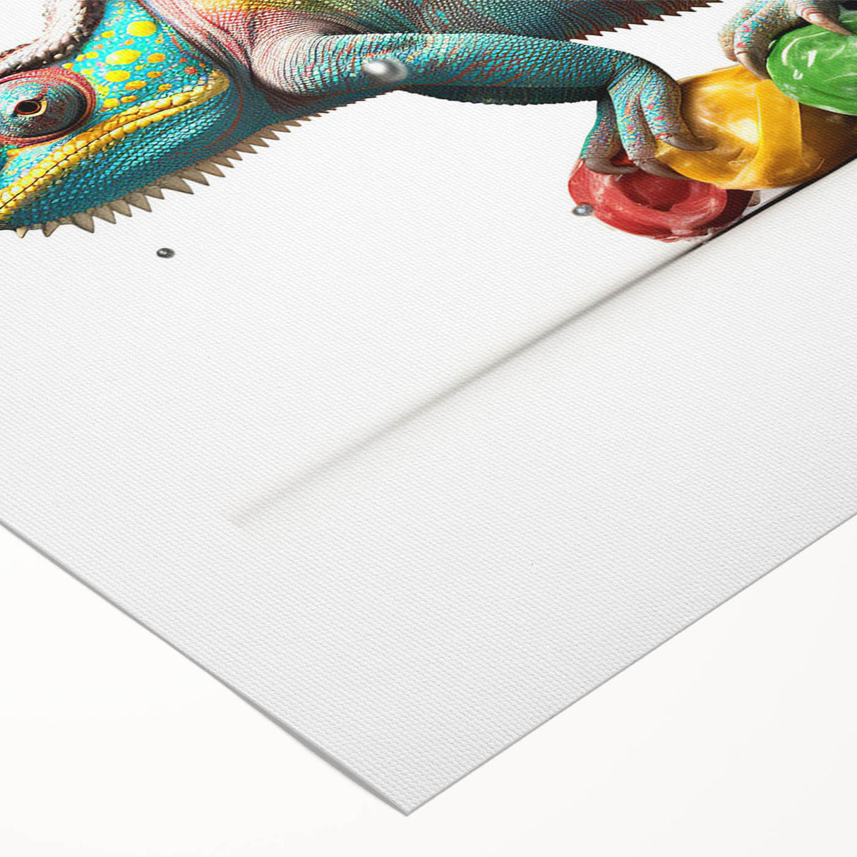 Colorful rolled canvas artwork depicting a chameleon design, showcasing vibrant greens and blues, perfect for reptile enthusiasts and home decor. Packaged in a sturdy tube for safe shipping.