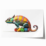 Vibrant chameleon wall art print featuring intricate design details in bright colors, rolled and ready for display, perfect for reptile enthusiasts and home decor.