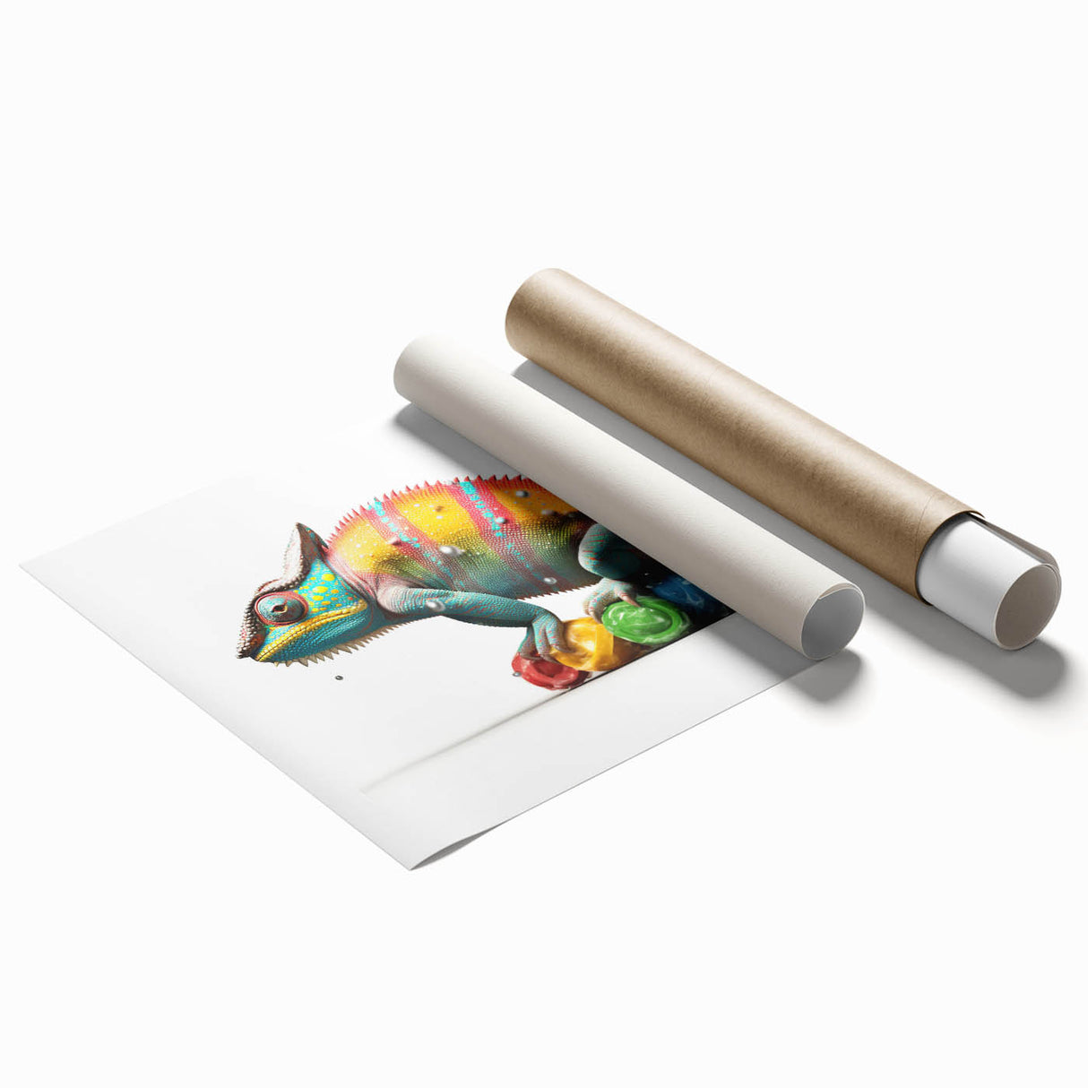 Chameleon wall art print showcasing vibrant green and blue hues, featuring intricate details of the reptile's scales and eyes, rolled for easy display and shipping.