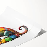 Vibrant chameleon wall art print showcasing intricate design details and vivid colors, perfect for reptile enthusiasts and modern decor. Rolled and ready for framing.