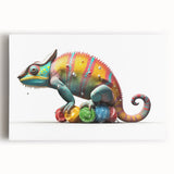 Vibrant chameleon wall art design on stretched canvas, showcasing intricate colors and patterns, perfect for reptile enthusiasts and modern decor.