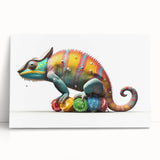 Vibrant chameleon-themed wall art design on stretched canvas, showcasing bright colors and intricate details, perfect for reptile enthusiasts and home decor.