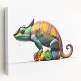Stretched canvas wall art showcasing a vibrant chameleon design, featuring rich colors and intricate details, perfect for adding a unique touch to home decor.