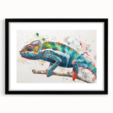 Chameleon-themed wall art collection framed in black with a mat, showcasing vibrant colors and intricate details, ideal for reptile enthusiasts and modern decor.